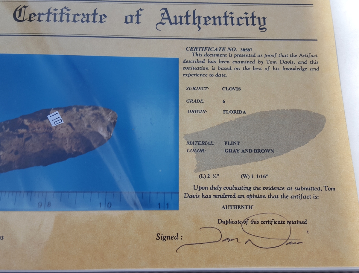 Fl. Clovis type arrowhead w/COA. | Fossils & Artifacts for Sale | Paleo Enterprises | Fossils & Artifacts for Sale