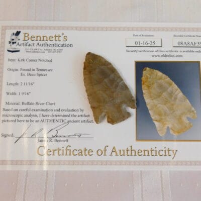 Kirk corner notched type Arrowhead COA