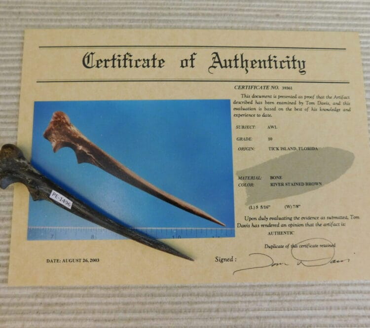 Certified Authentic Native American Artifact: Awl-COA