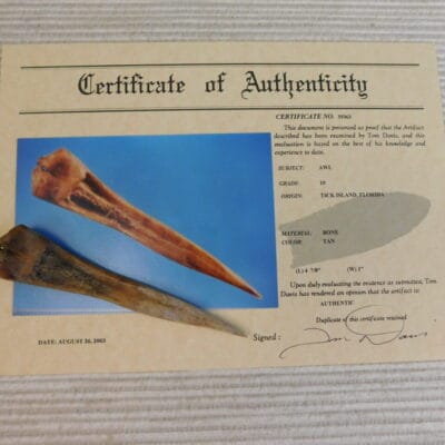 Certified Authentic Native American Artifact: Awl-COA