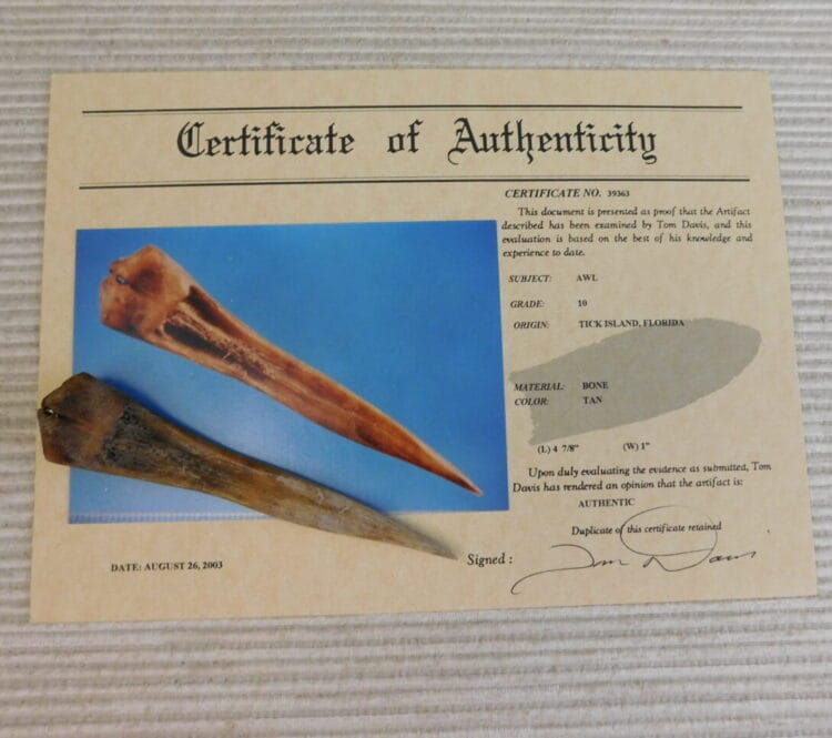 Certified Authentic Native American Artifact: Awl-COA