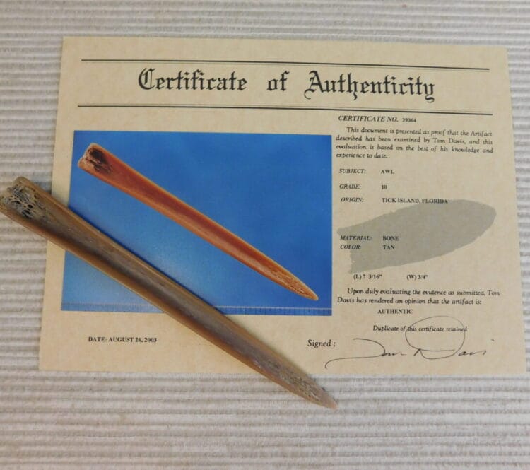 Certified Authentic Native American Artifact: Awl-COA